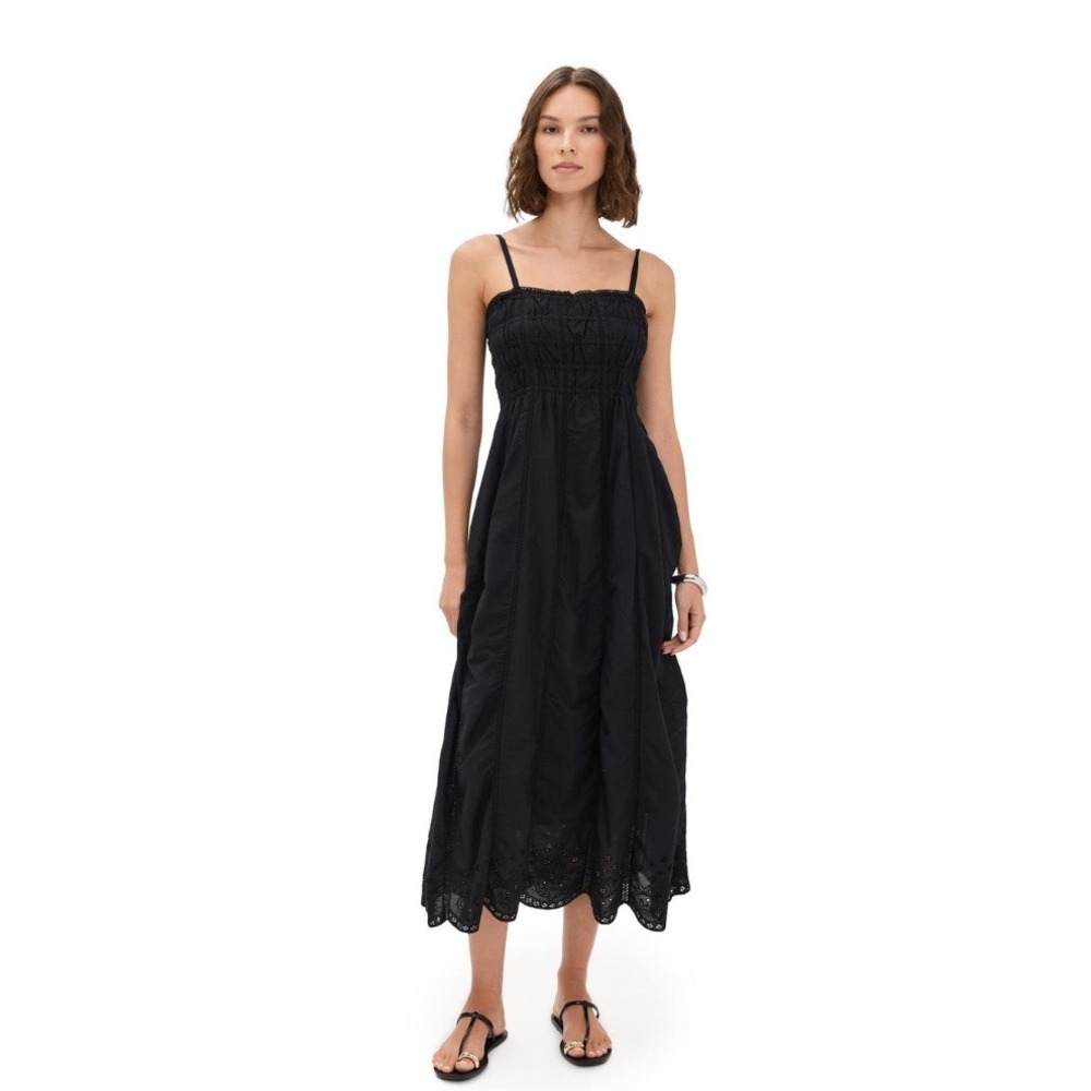 Z Supply Black Smocked Eyelet Midi Dress Adjustable Straps Summer Boho Womens